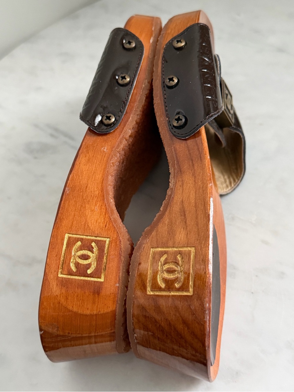 CHANEL Wood Slide Sandals with Gold CC Hardware Size 36 - Picture 3 of 12